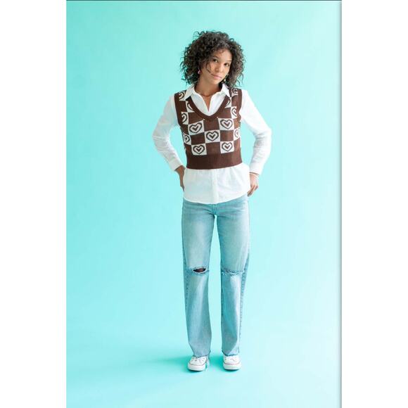No Comment Sweater Vest‎ Womens Juniors M Brown White Checkered Hearts Academia - Picture 1 of 8
